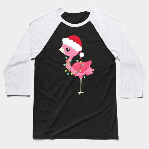 Christmas Flamingo, Santa Hat, Christmas Lights Baseball T-Shirt by Jelena Dunčević